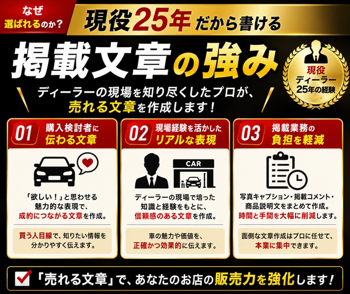 カーセンサー・グーネット掲載用の文章を作成します 車両情報と写真を送るだけ。掲載文章を1台分まとめて作成します イメージ2