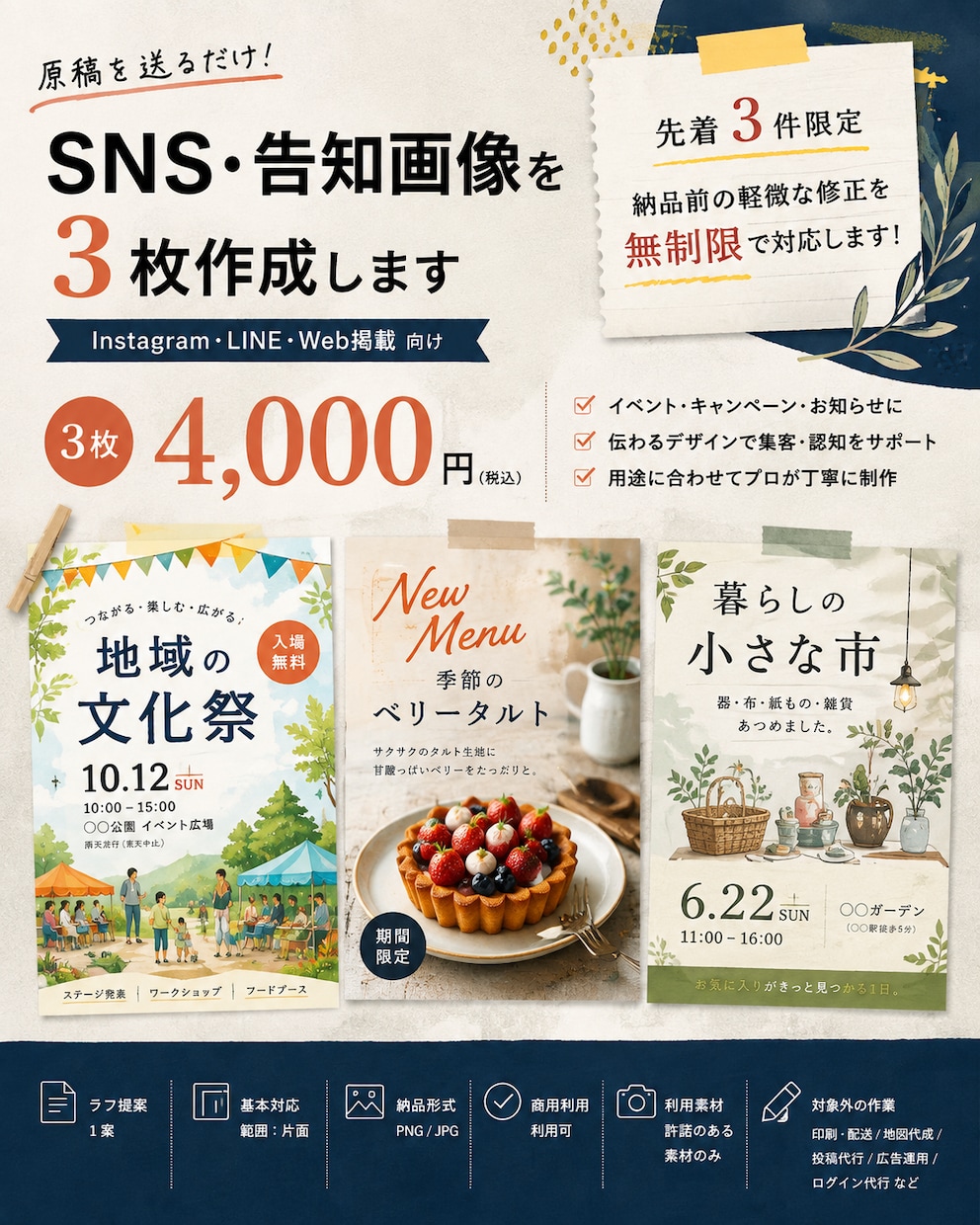原稿を送るだけ｜告知画像を3枚整えます 原稿をもとに、伝わる告知画像を3枚整えます イメージ1