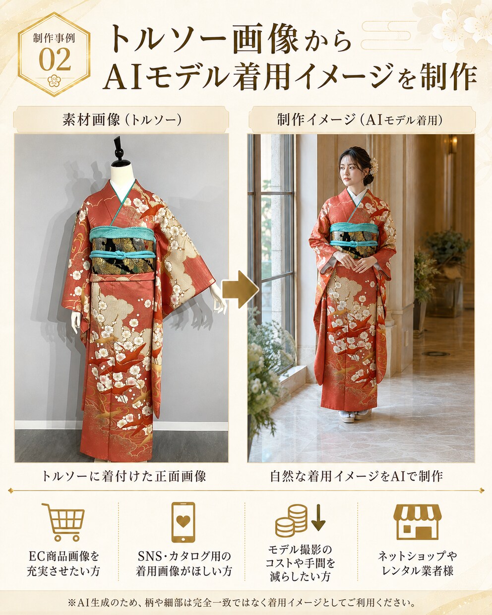 あなたが売りたいその着物、AIモデルが着こなします トルソー画像からEC・SNS向け着物モデル着用イメージ制作 イメージ3