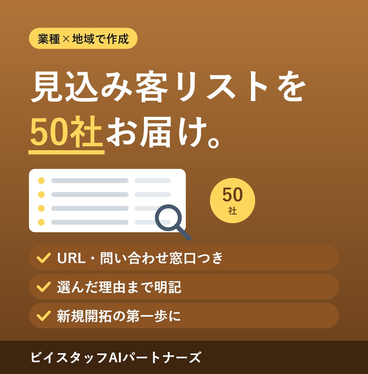 業種×地域で見込み客の営業リストを作成します 公開情報から50社。URL・問い合わせ窓口・選定理由つき イメージ1
