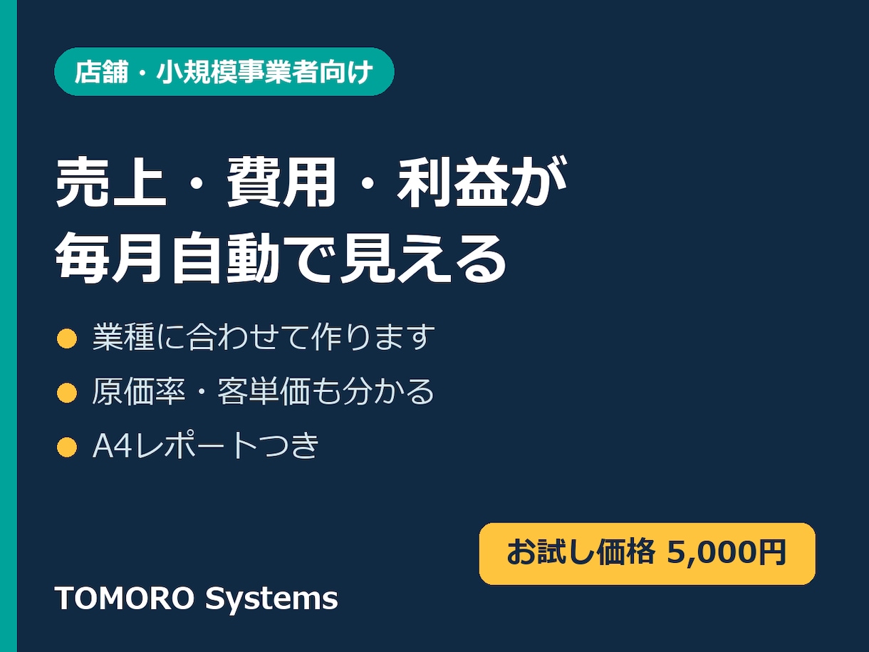 店舗・小規模事業者の数字を毎月自動で見える化します 売上・費用・利益が毎月ひとりでに出る。業種に合わせて作ります イメージ1