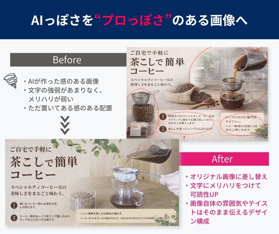 AI生成画像をプロが使えるデザインに改善します 構図・配色・文字を調整。商用で使えるクオリティに仕上げます イメージ2