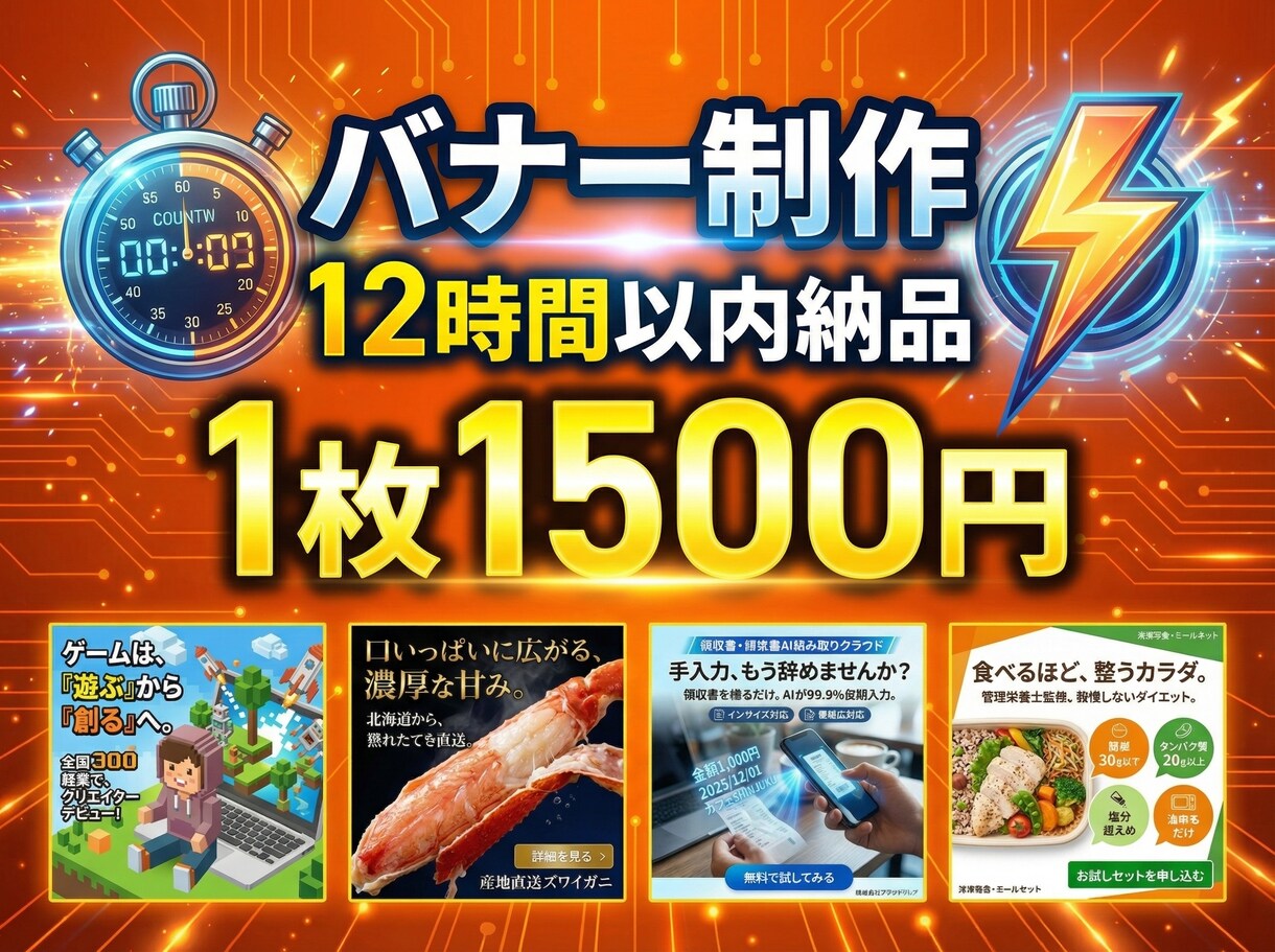 12時間で納品！高品質バナーを格安作成します 独自ツールで圧倒的スピード。急ぎのバナー作成に最適！ イメージ1