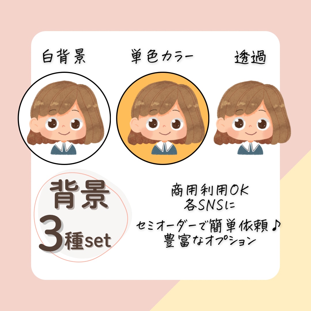 背景3種付き!!印象的な可愛らしいイラスト描きます オーダー簡単♫選べる表情とポーズ♫豊富なオプション♬ イメージ1