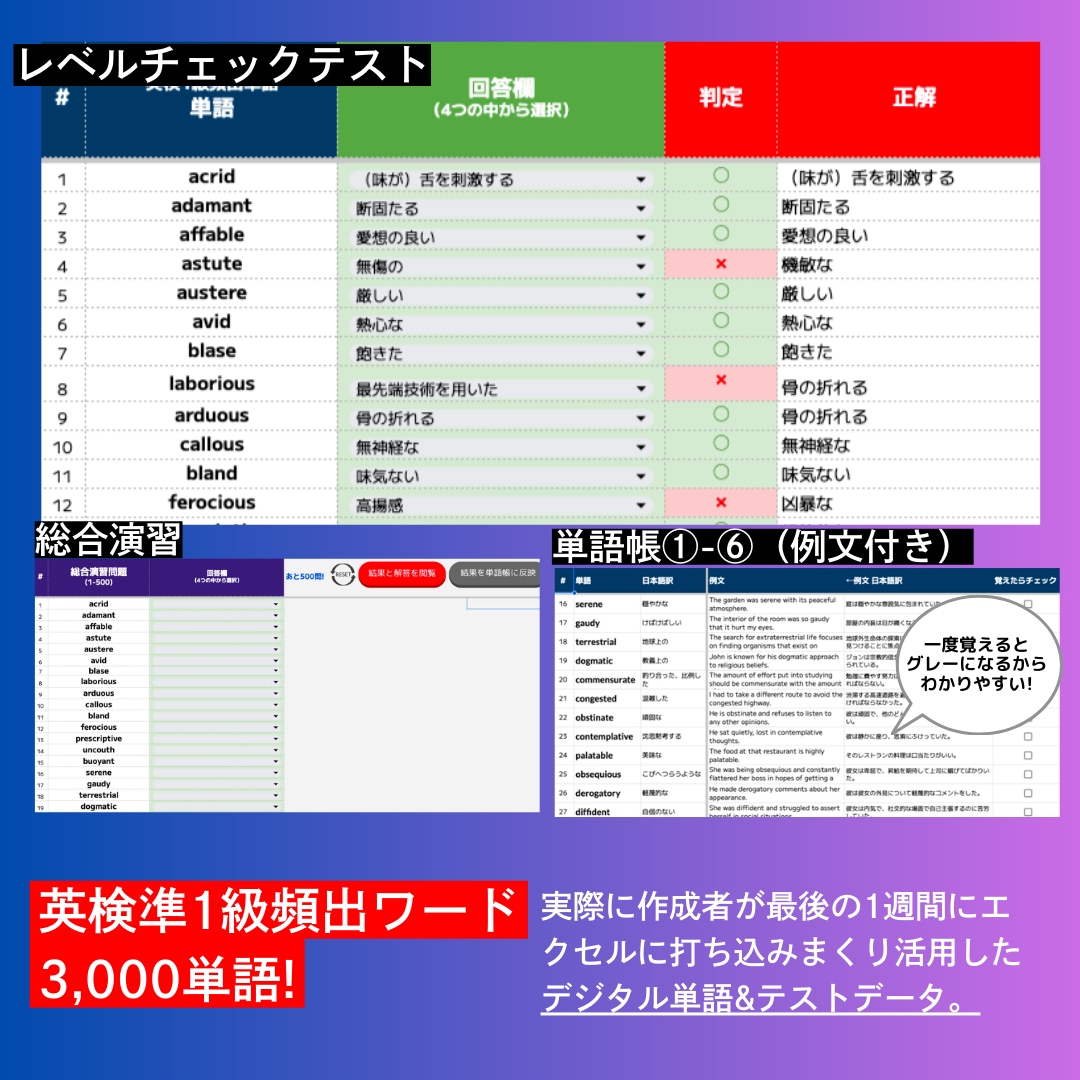 英検準1級の頻出3,000語データをお贈りします 単語帳だけじゃ足りないかもと思ったら。本より確実、情報豊富！ イメージ2