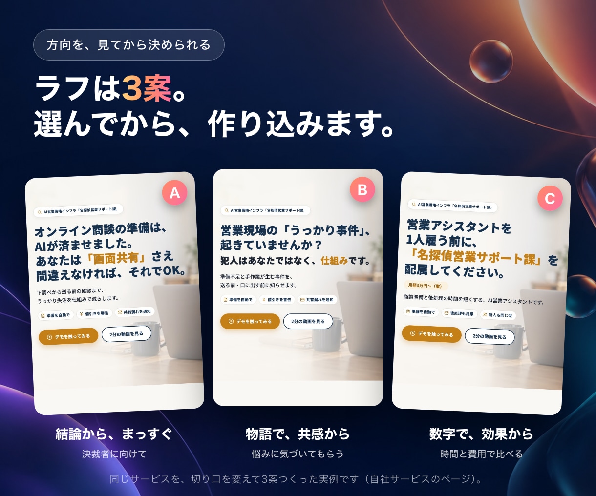 限定価格！ラフ案3案から選べる集客LPを制作します 「誰に・何を・なぜ」の整理から、1ページにまとめます イメージ2