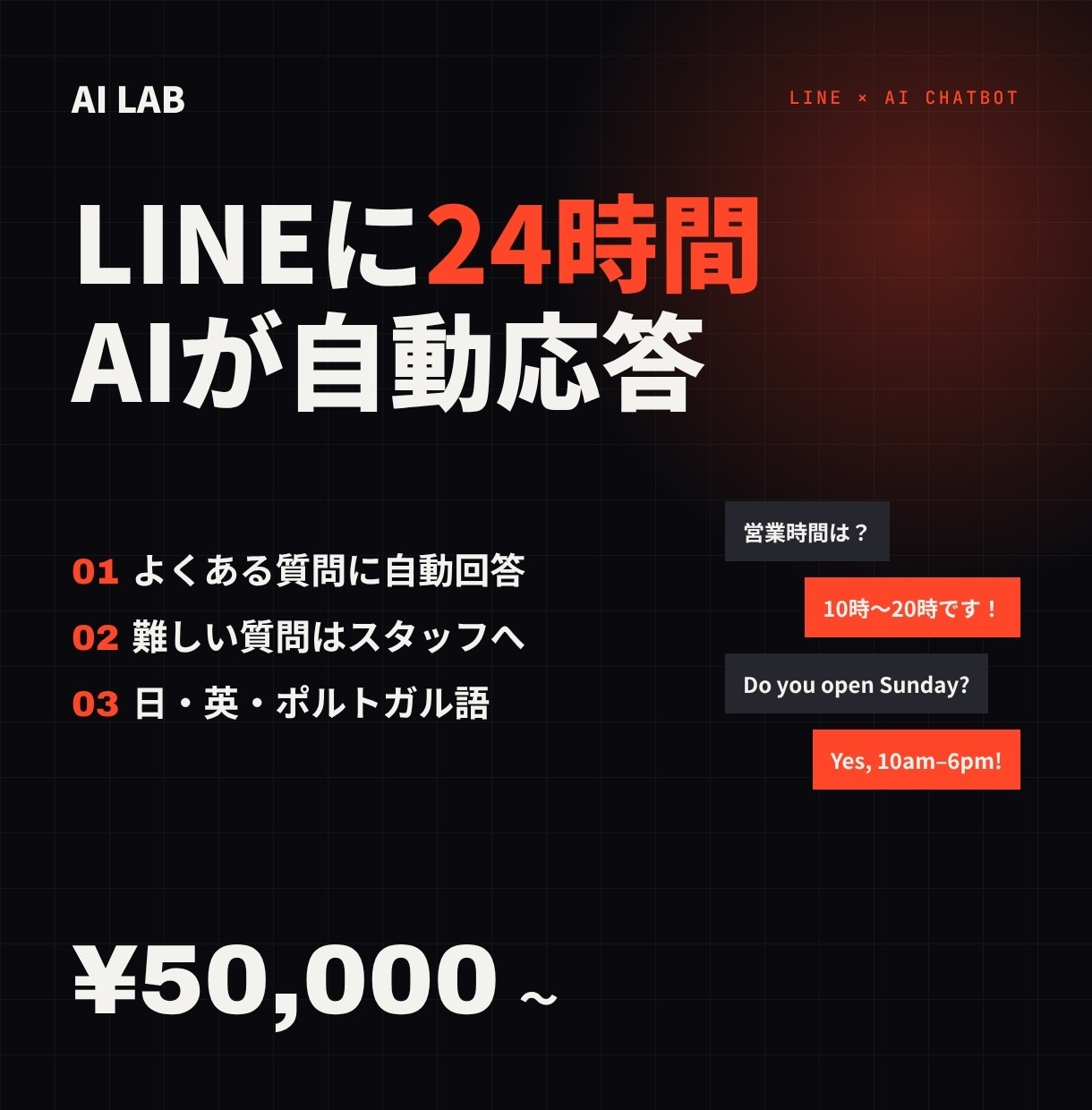LINEのAI自動応答チャットボットを導入します 問い合わせ・予約対応を自動化。多言語・外国人スタッフ対応も イメージ1