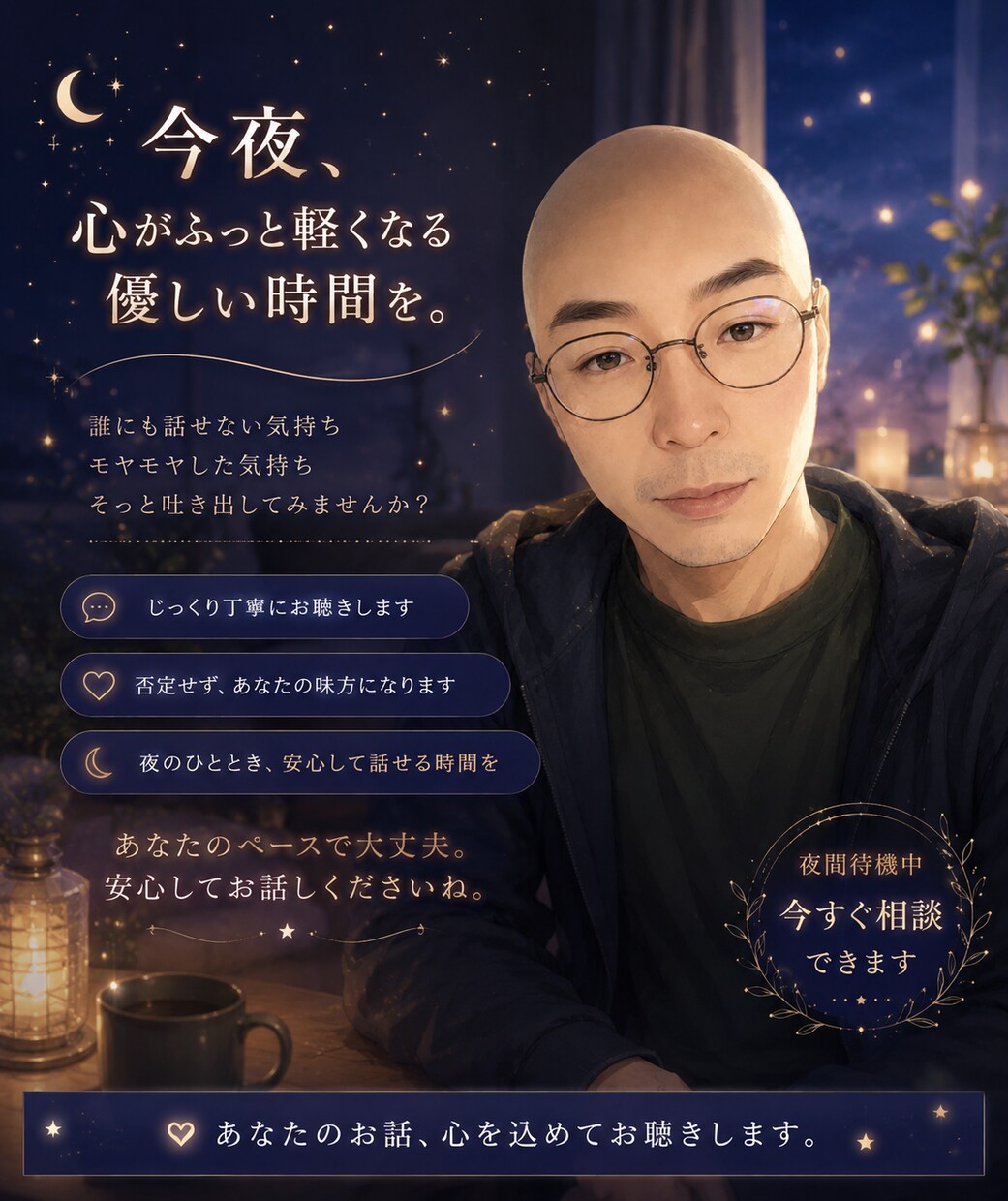 何となく誰かと話したい夜にゆっくりお話聞きます 悩みも雑談も、ゆっくりお聴きします イメージ3