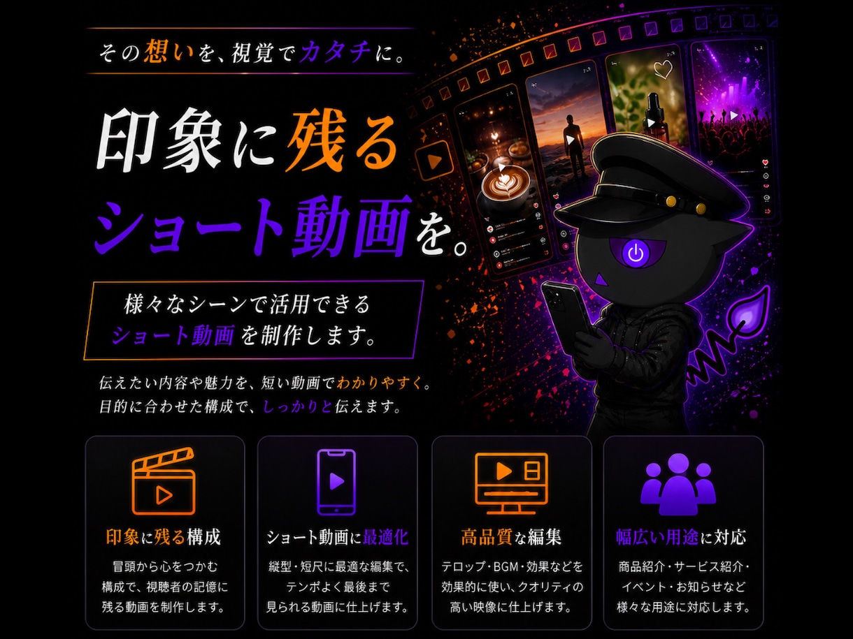 SNS投稿や簡易的な広告等用の動画を制作します VSLやPlanなど、目に止まり易い動画を作ります！ イメージ1