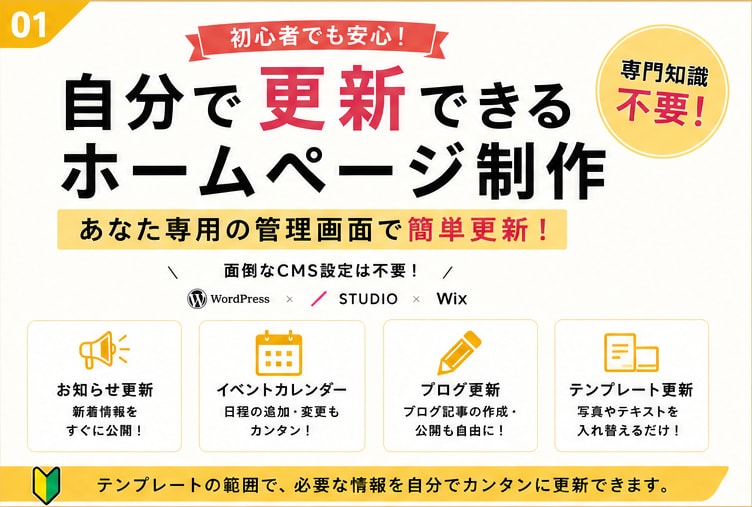 自分で更新できるホームページ制作を作ります 初心者向け管理画面付きHP制作 イメージ1