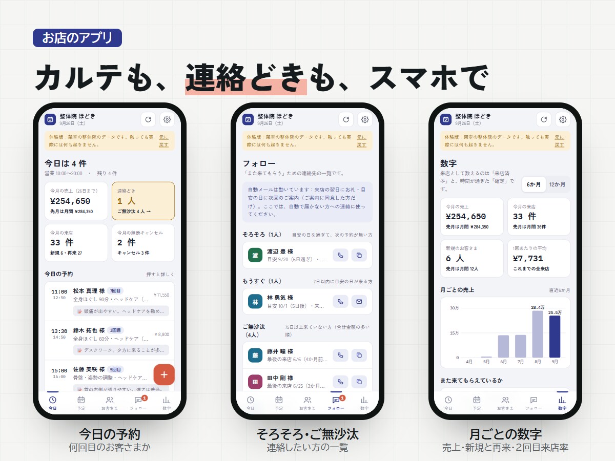 サロンの予約システム・顧客管理・カルテを作ります 月額0円｜予約サイト・予約管理アプリ・再来店メールまで イメージ3