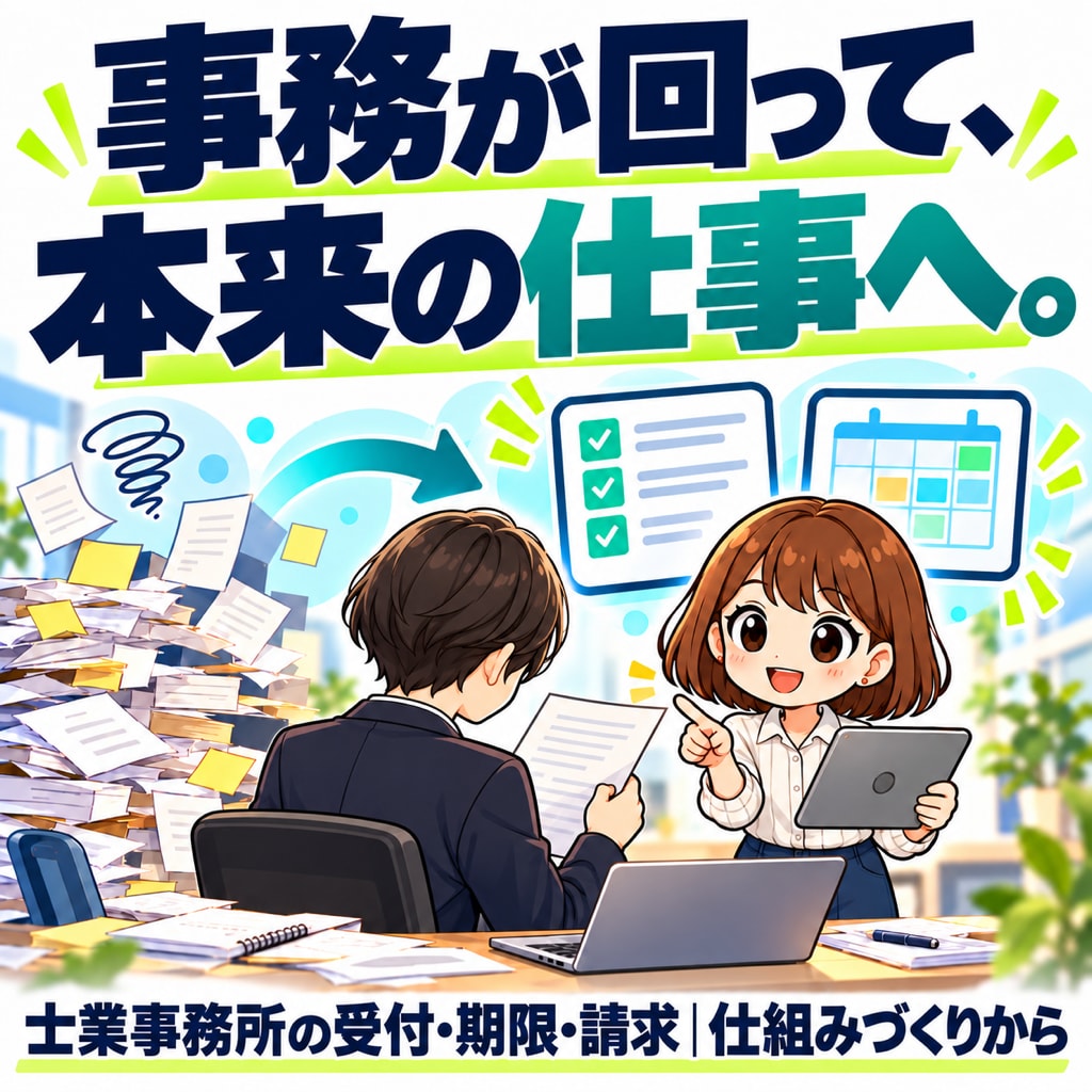 士業事務所の事務を、仕組みにして巻き取ります 受付・期限・請求が回り、先生は本来の仕事へ イメージ1
