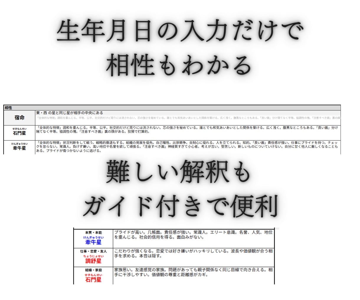 算命学自動鑑定ツールで誰でも簡単に本格占いできます 難しい解説一切なし。生年月日と性別で自動命式＋相性も分かる。 イメージ3