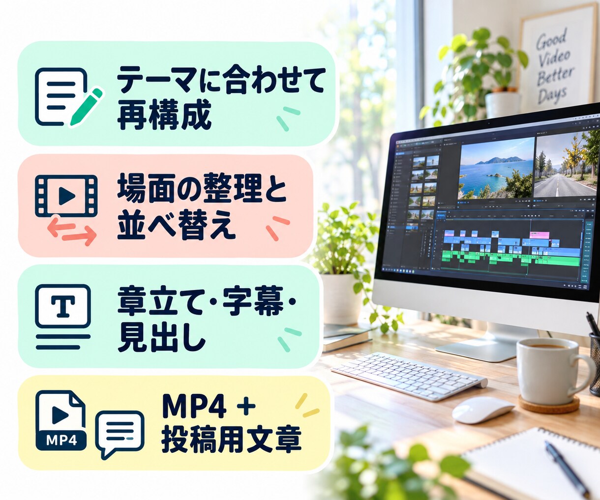 指定テーマで切り抜きまとめ動画を制作します 離れた場面をテーマで再構成｜章立て・投稿文付き イメージ2