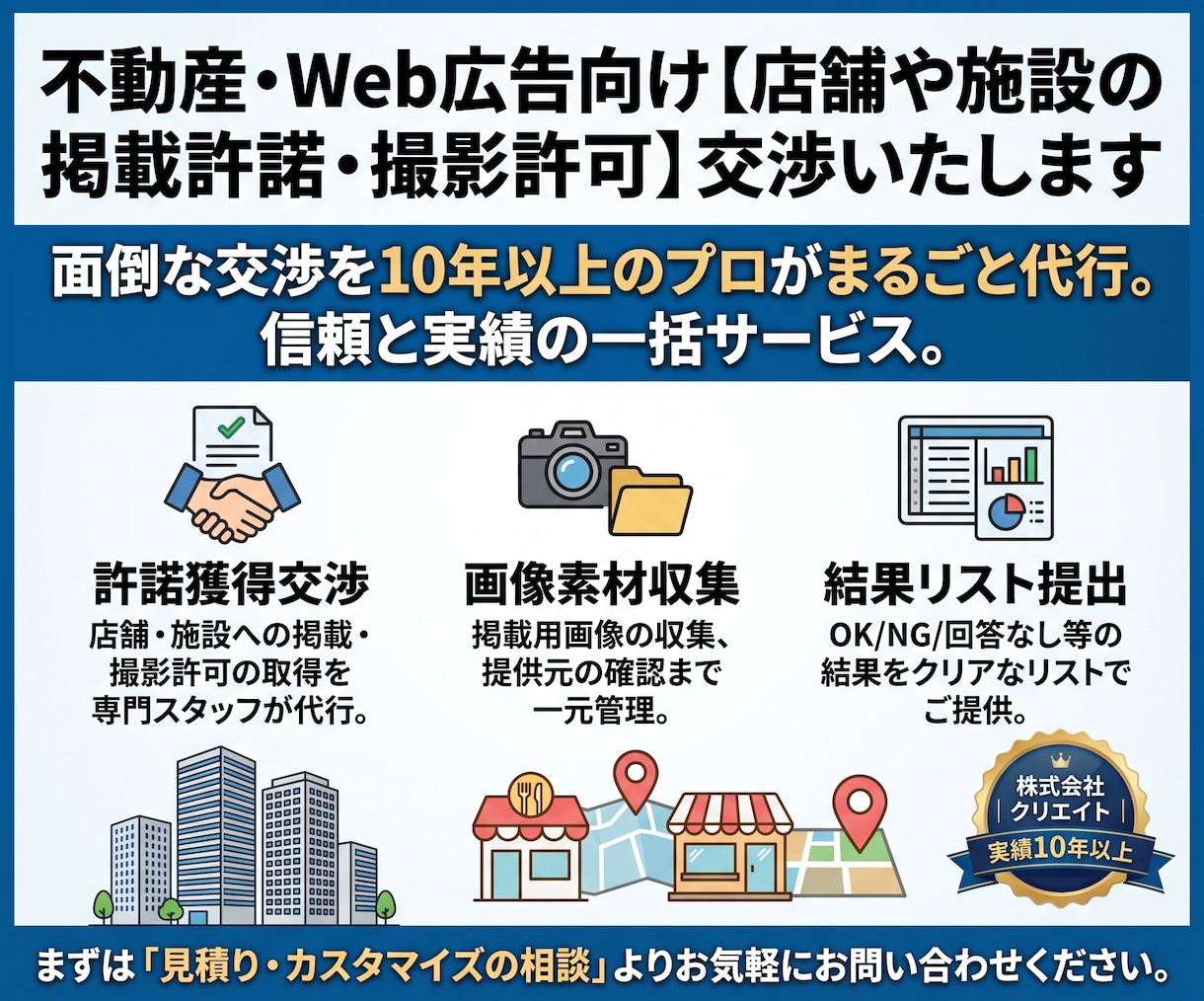 不動産・Web広告向け【施設の掲載許諾】交渉します 【実績10年以上】不動産・Web広告向けの許諾＆撮影許可取り イメージ1