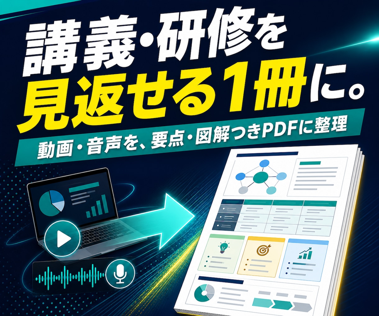 講義・研修をすぐ見返せる復習ガイドPDFにします 動画・音声の流れに沿って、要点と図解を1冊のPDFに イメージ1