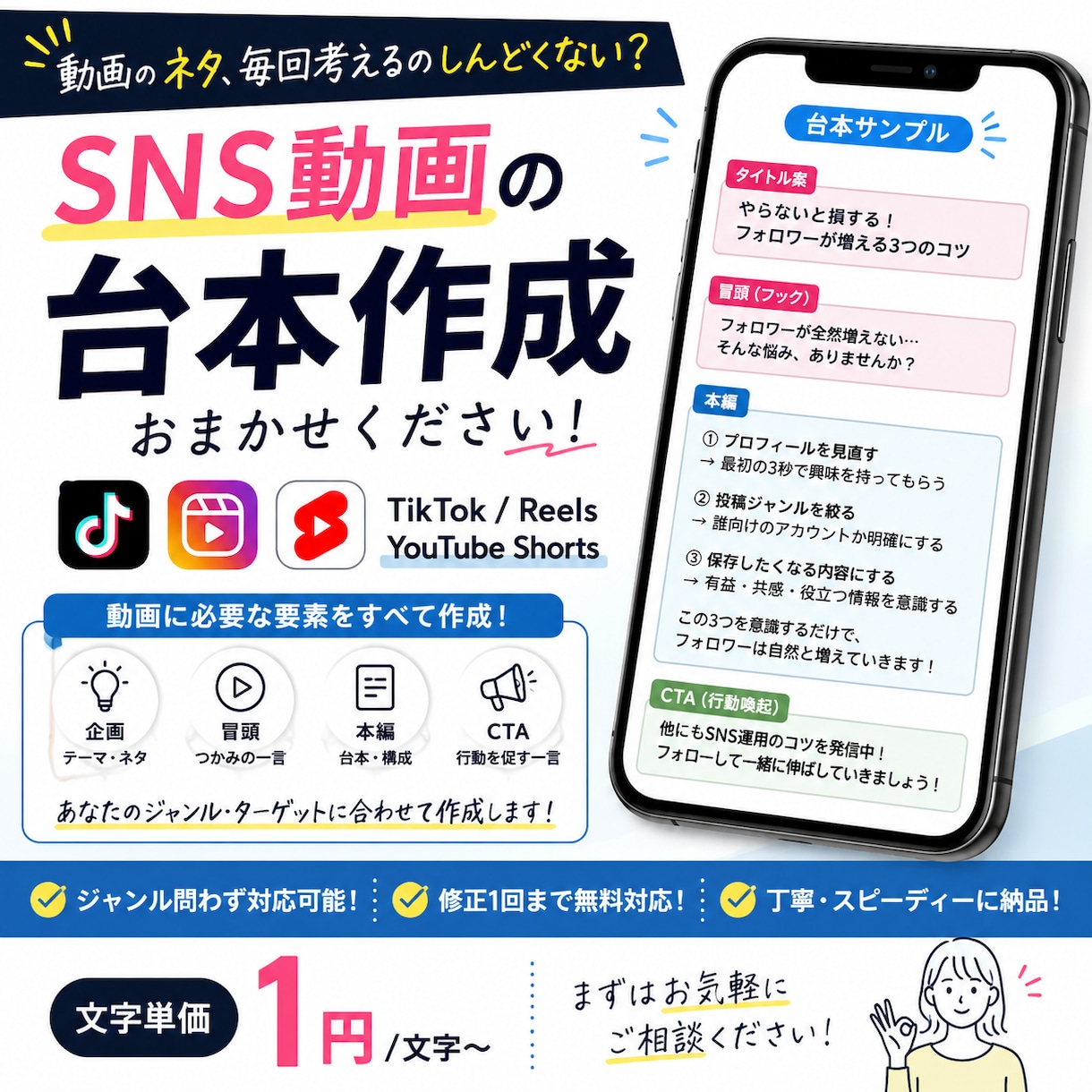 snsにおける動画投稿のネタと台本を作ります TikTok・リール・Shorts向けの台本を作成します。 イメージ1