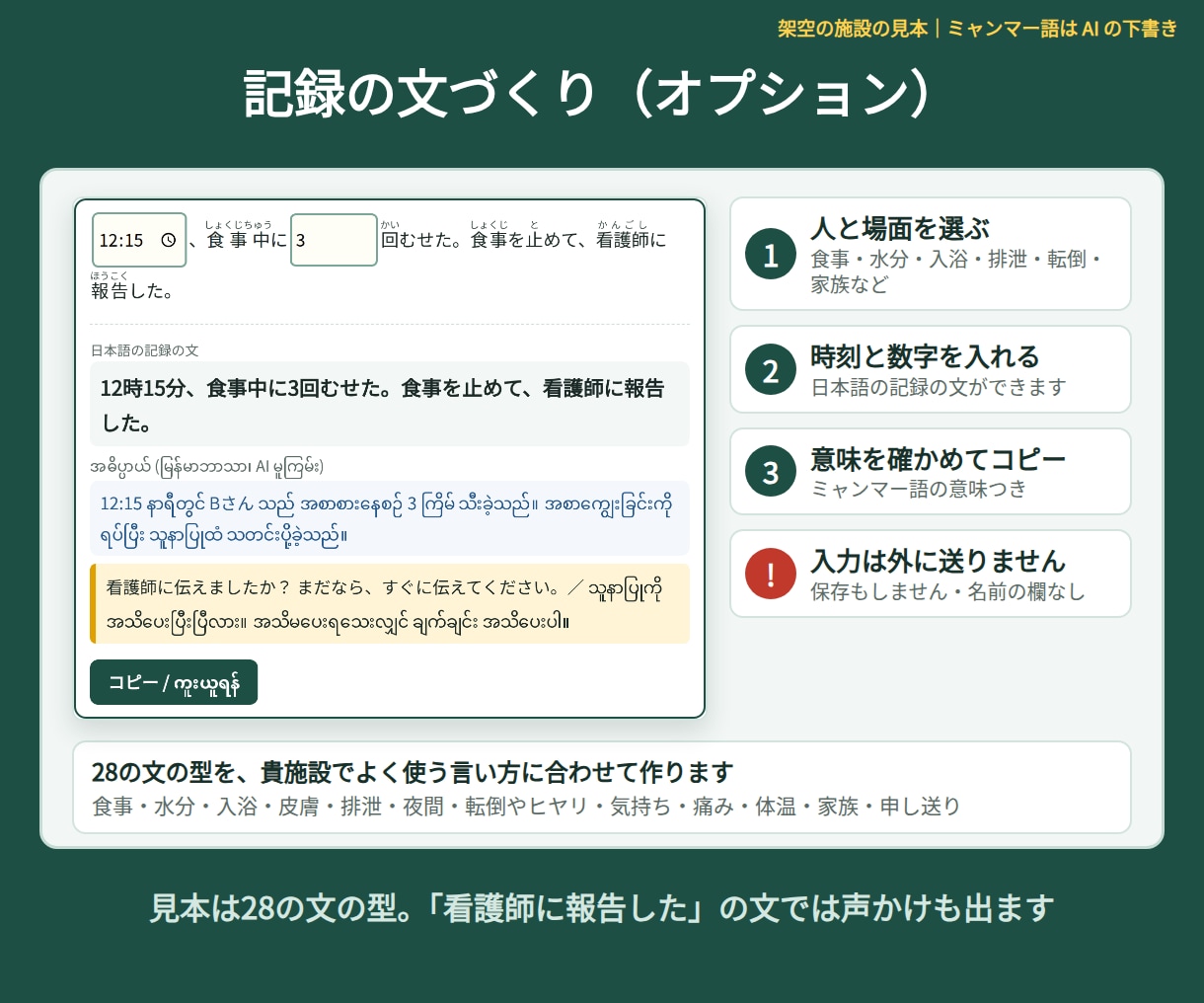 介護手順書をやさしい日本語＋ミャンマー語にします ふりがな・記録の文づくり・クイズつき。ミャンマーの介護職員に イメージ4