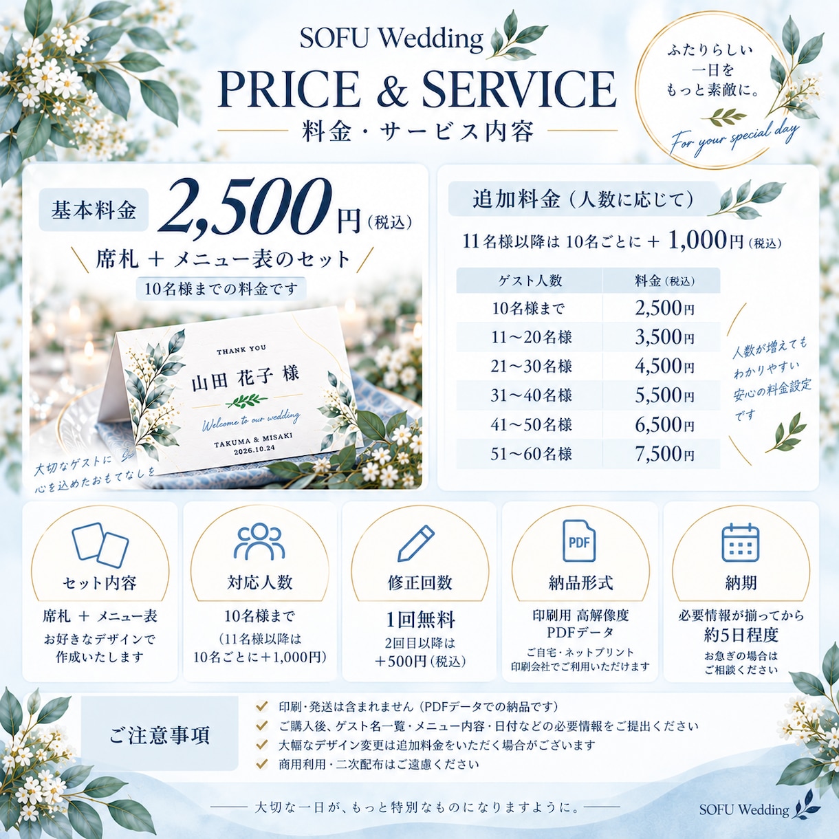 ナチュラルな結婚式の席札＋メニュー表をお作りします 青×植物で彩る上品なウェディングアイテム イメージ4