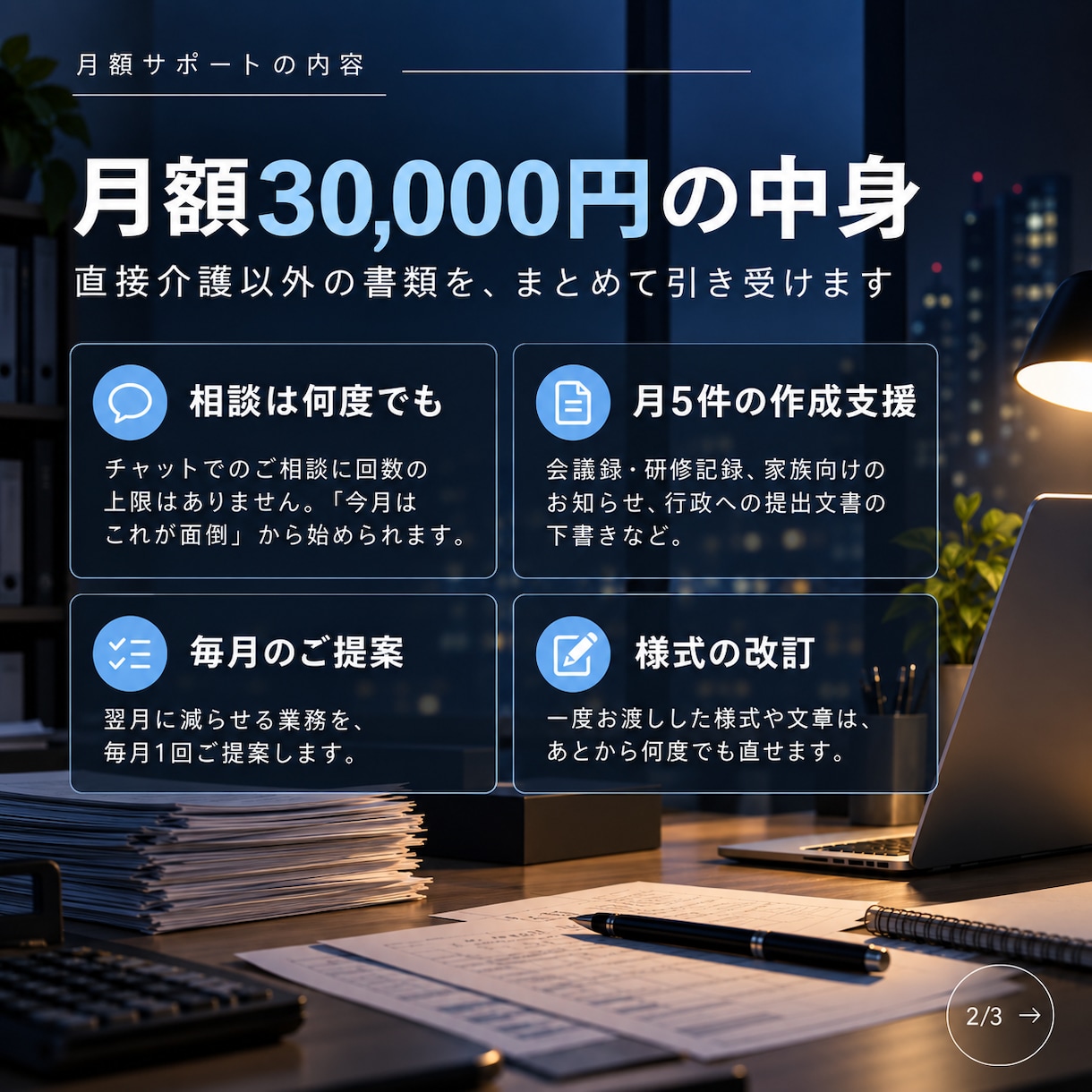 介護事業所の間接業務をAIで毎月支援します 直接介護以外の「面倒だな」を、AIと一緒に軽くします イメージ2