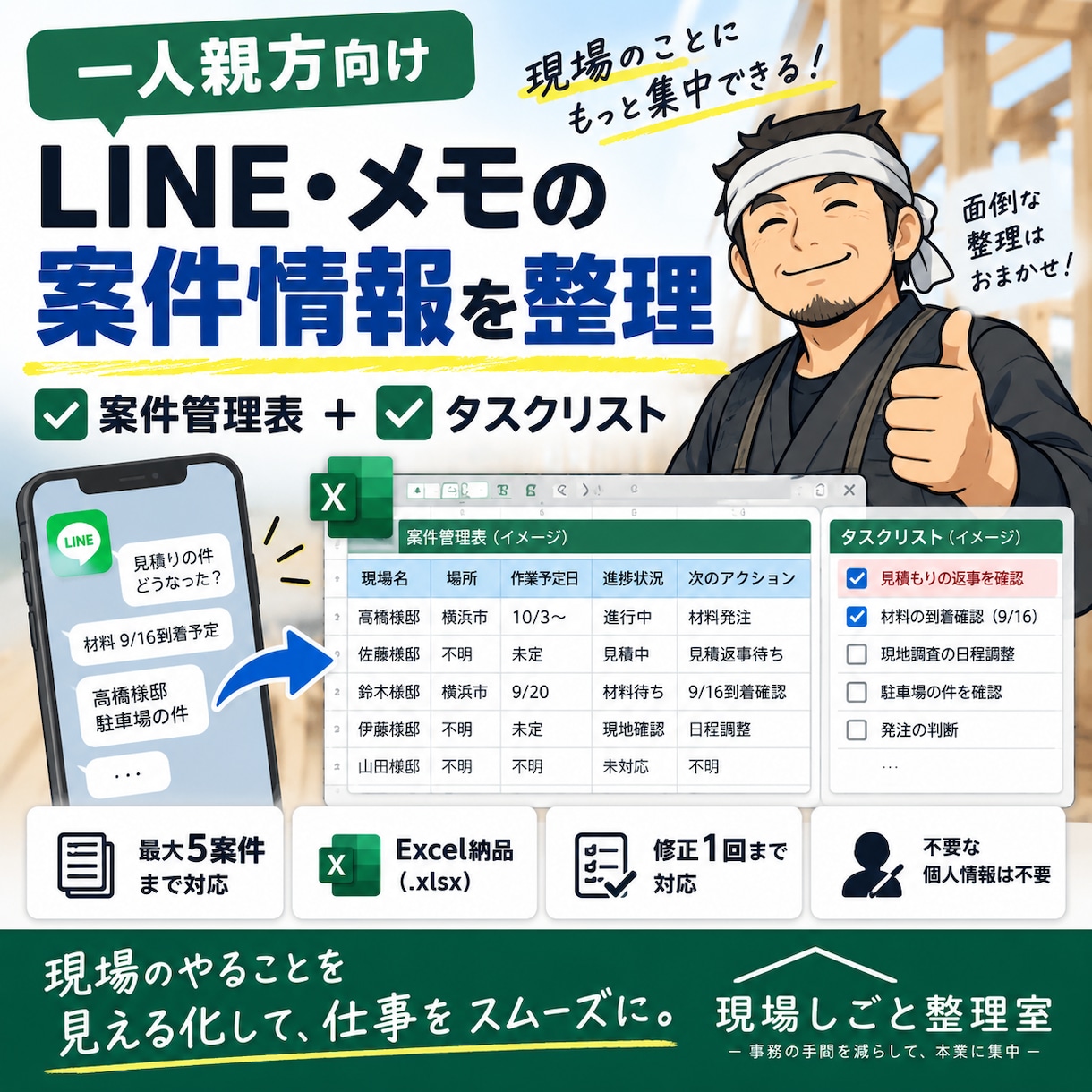 一人親方向け｜LINE・メモを案件表に整理します 案件管理表＋タスクリストで次の対応を見やすく イメージ1