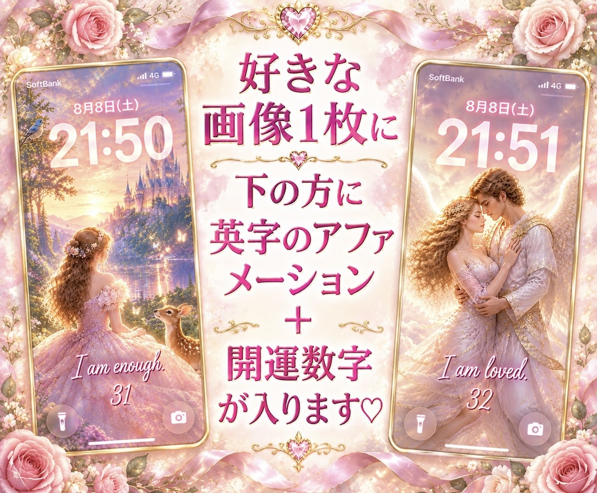 引き寄せ♡ロマンチック♡開運お守り待受画像届けます 画像1枚＋アファメーション英文と開運数字入り♪運気アップに♡ イメージ1