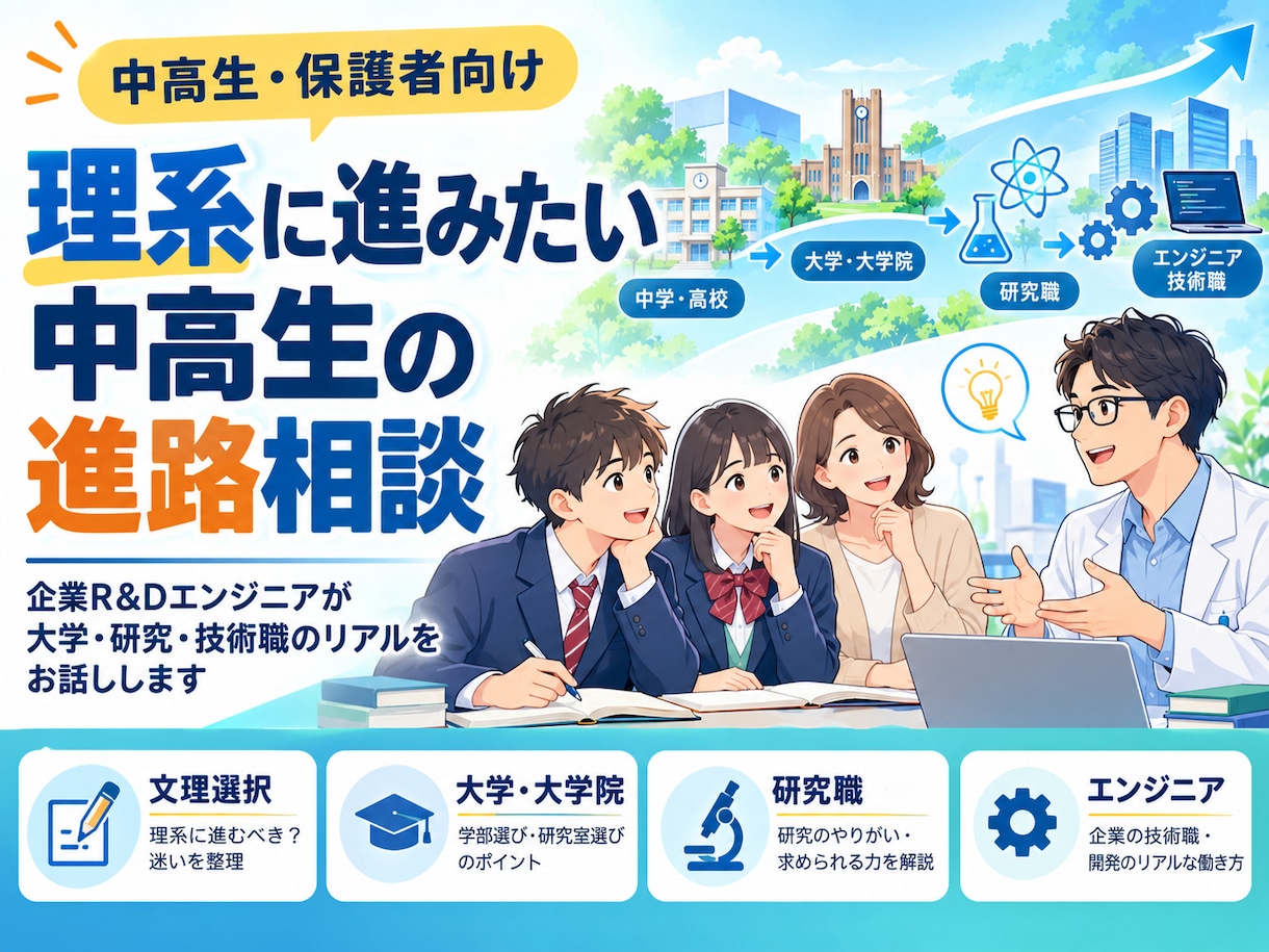 理系に進みたい中高生の進路相談に乗ります 企業R&Dエンジニアが大学・研究・技術職のリアルを話します イメージ1