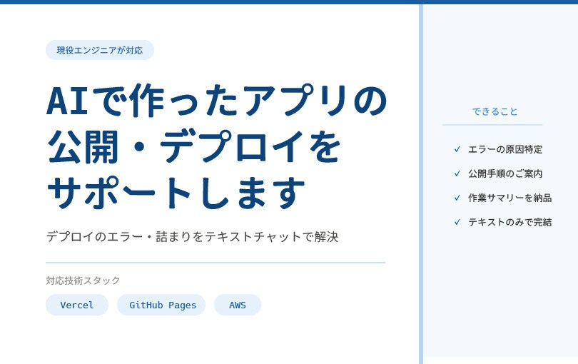 AIで作ったサービスの公開まで一緒にサポートします 「あと一歩で公開できない」を現役エンジニアが解決します イメージ1