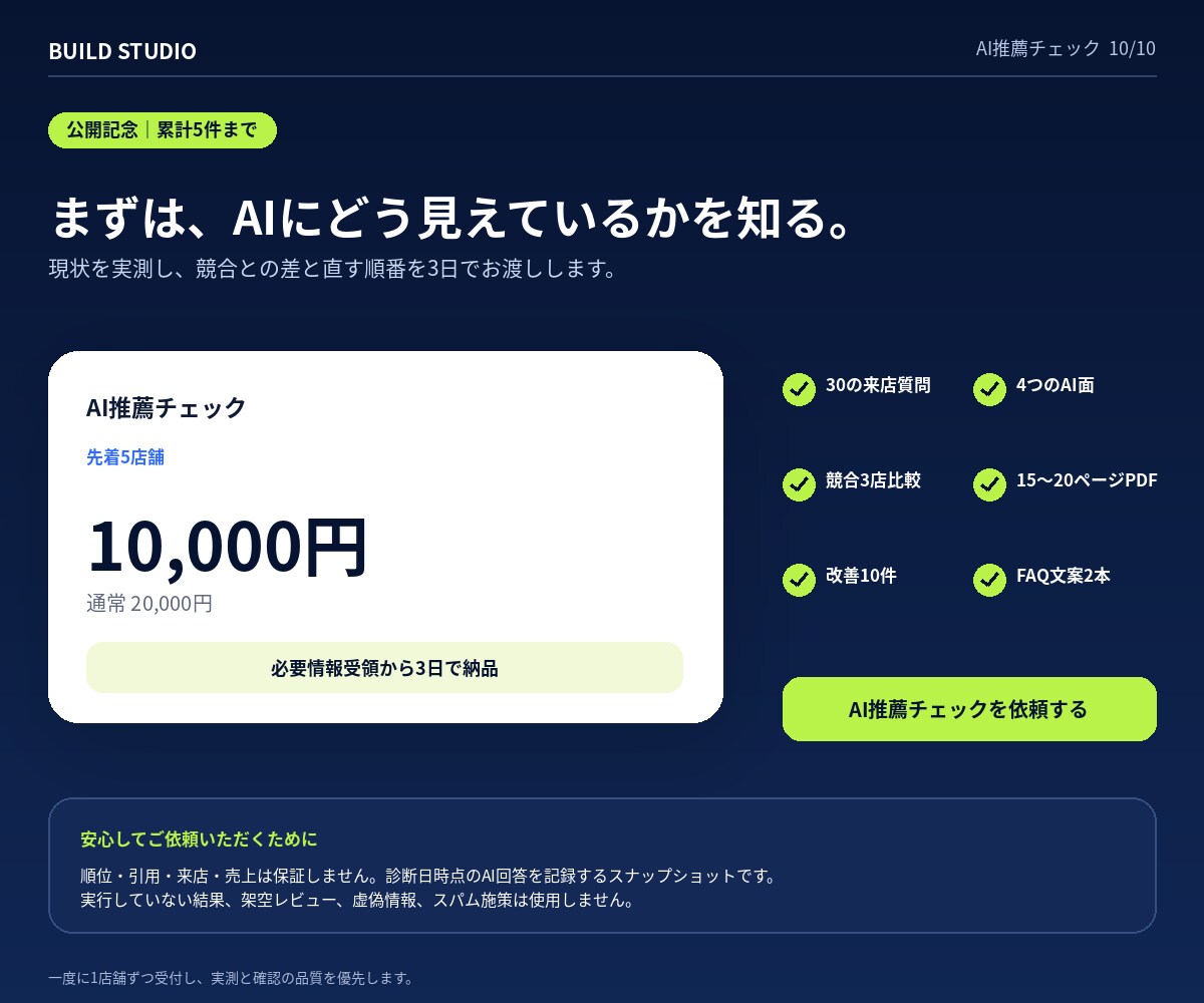 ChatGPT等で自店が選ばれるか診断します 30の来店質問で競合3店との違いを可視化 イメージ10