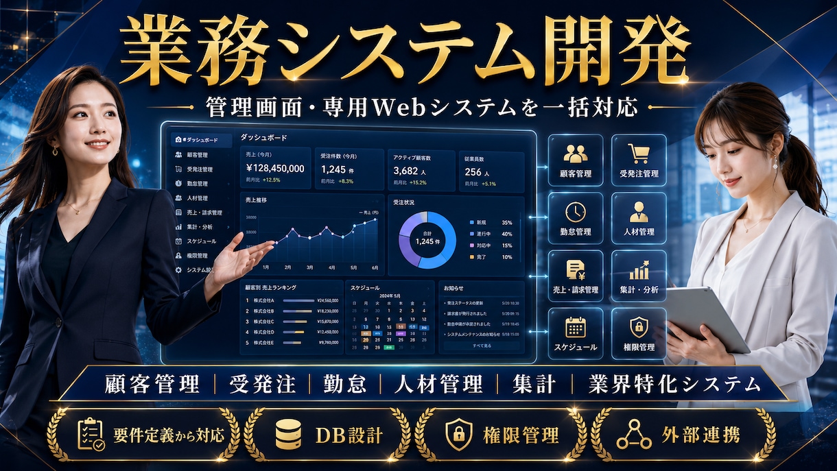 業務システムを要件定義から開発・運用まで対応します 顧客管理・受発注・勤怠・集計など専用Webシステムに対応 イメージ1