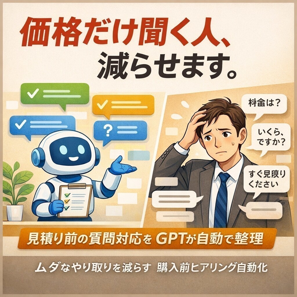 購入前ヒアリングを自動化するGPTを構築します 価格だけ聞く人を減らす受付AIを作ります イメージ1