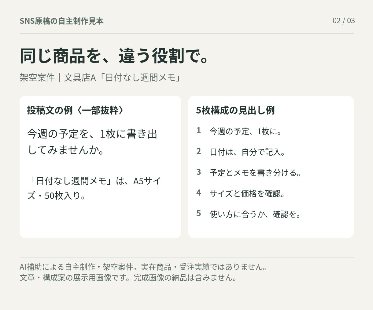 お店のSNS投稿3本とカルーセル構成を作ります 商品情報から、役割の違う投稿と5枚構成案へ イメージ2