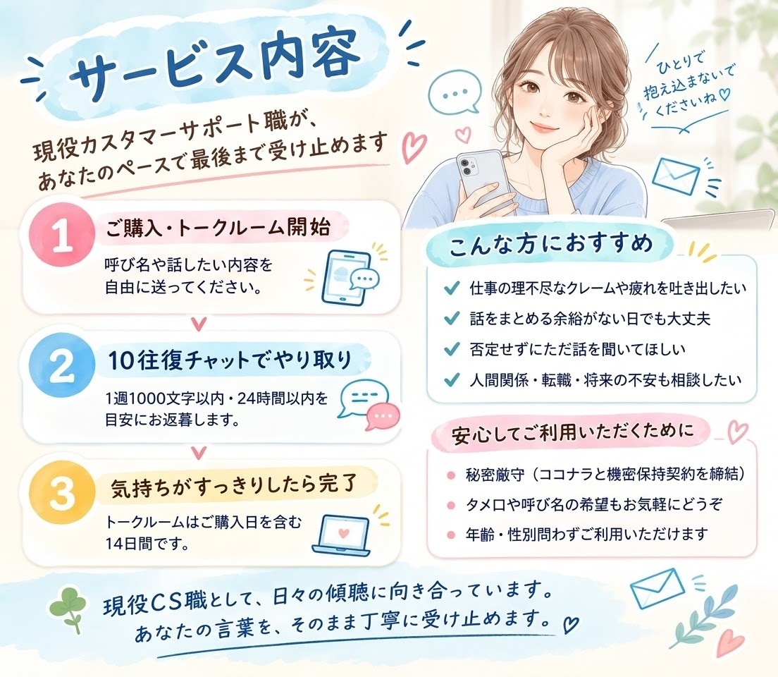 誰にも言えない愚痴、現役CS職が聞きます 仕事の愚痴・人間関係のモヤモヤを否定せずお聞きします イメージ2