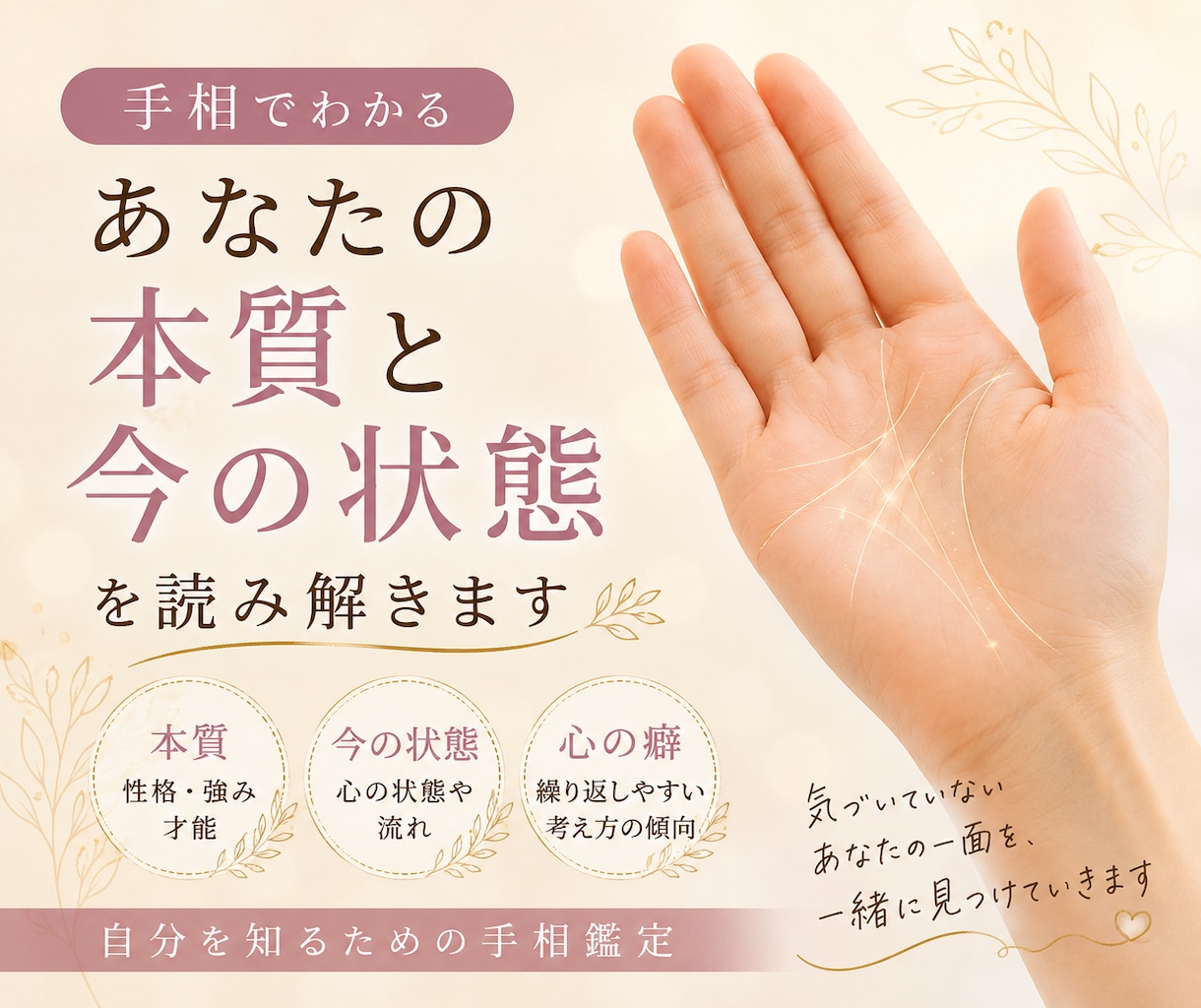 手相から「あなたの本質と今の状態」を読み解きます 悩んでいるあなたの、今の自分を整理するための手相鑑定です。 イメージ1