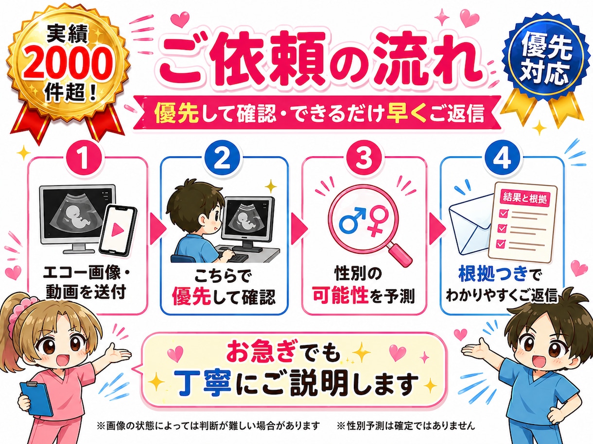 お急ぎの方！納期指定で性別予測、エコー解説をします 性別予測、エコー解説について納品日ご指定のある方はこちら！ イメージ4