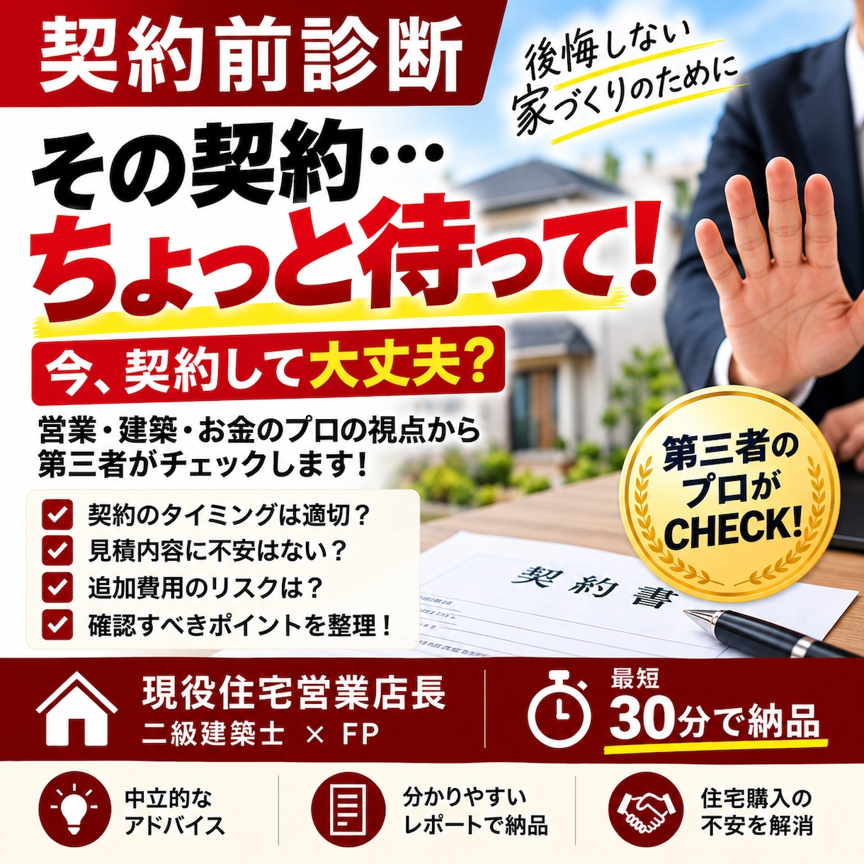 住宅営業店長が「今契約して大丈夫？」を診断します 契約前の不安を第三者目線で整理｜営業・建築・資金をチェック イメージ1
