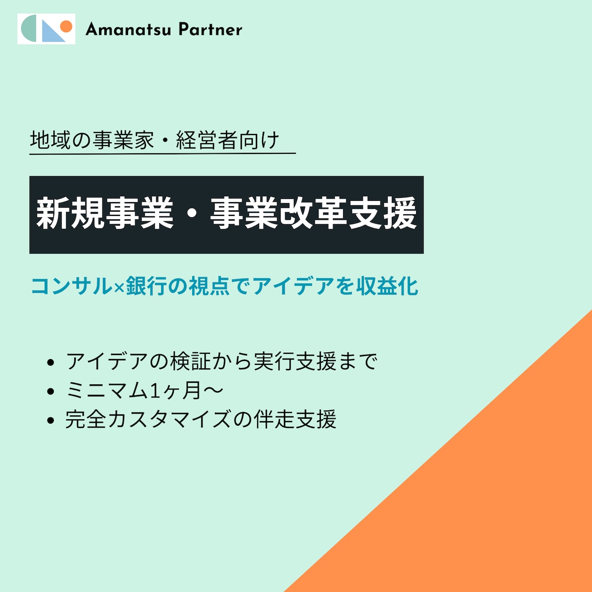 1ヶ月〜伴走支援｜新規事業・事業改革を支援します コンサル×金融の視点でアイデアの収益化を伴走支援 イメージ1