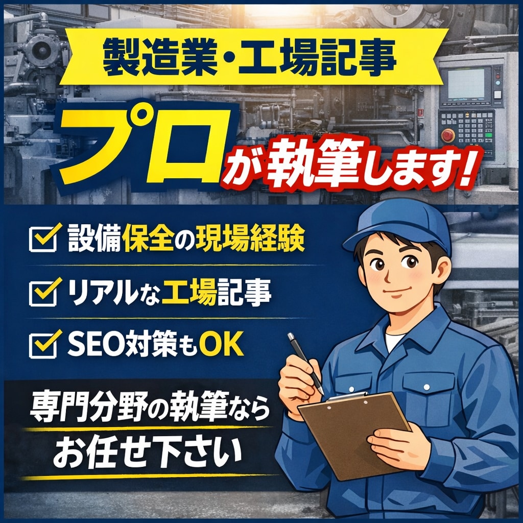 製造業ジャンルに強いSEOブログ記事を作成します 設備保全経験を活かしたリアルな工場記事を書きます イメージ1