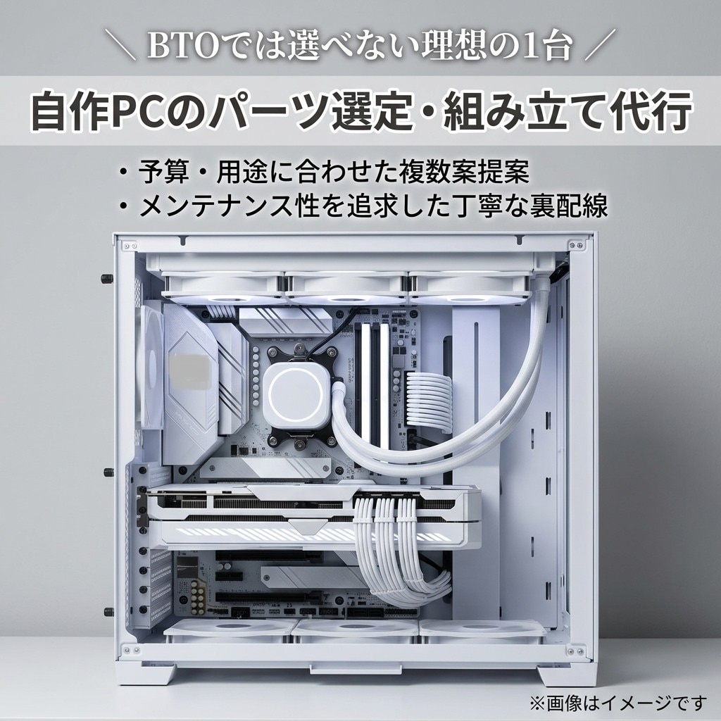 自作PCのパーツ選定・組み立て代行を承ります 裏配線などの見えないところも丁寧に組み立ていたします。 イメージ1
