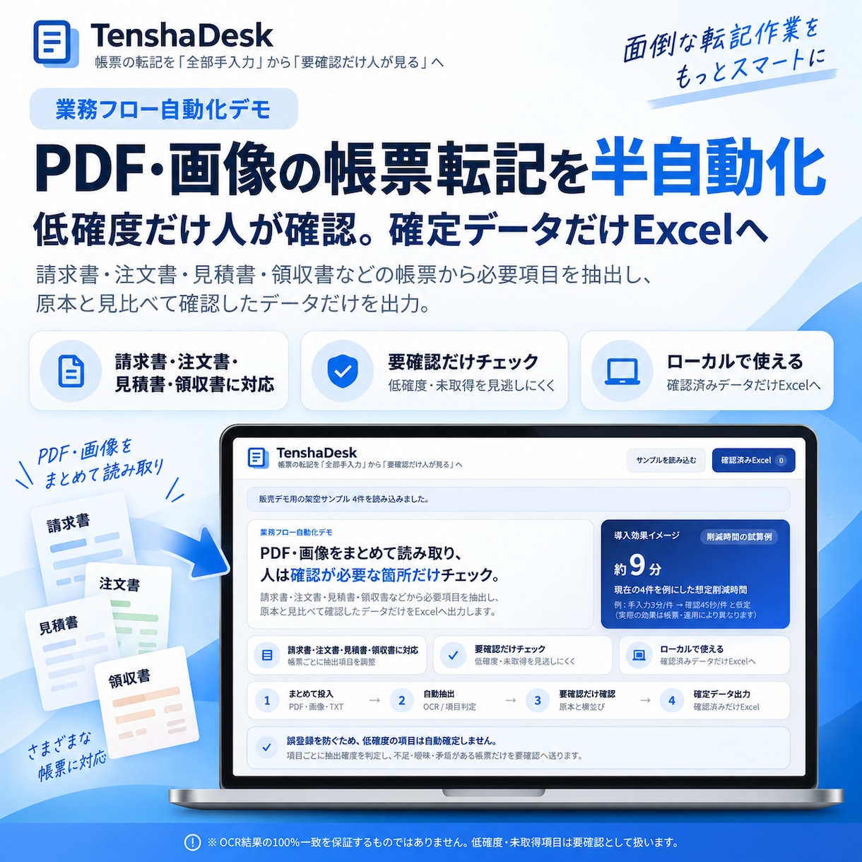 PDF・画像の帳票転記を半自動化します 低確度だけ人が確認。確定データだけExcelへ イメージ1