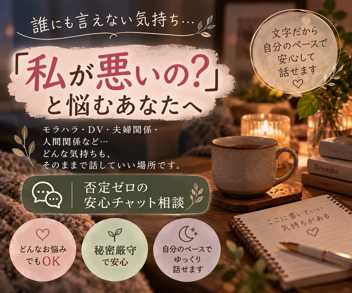 私が悪いの？と責めるのを全力否定します 「私が悪いの？」と責めてしまう夜に｜本音を吐き出せる相談室 イメージ1