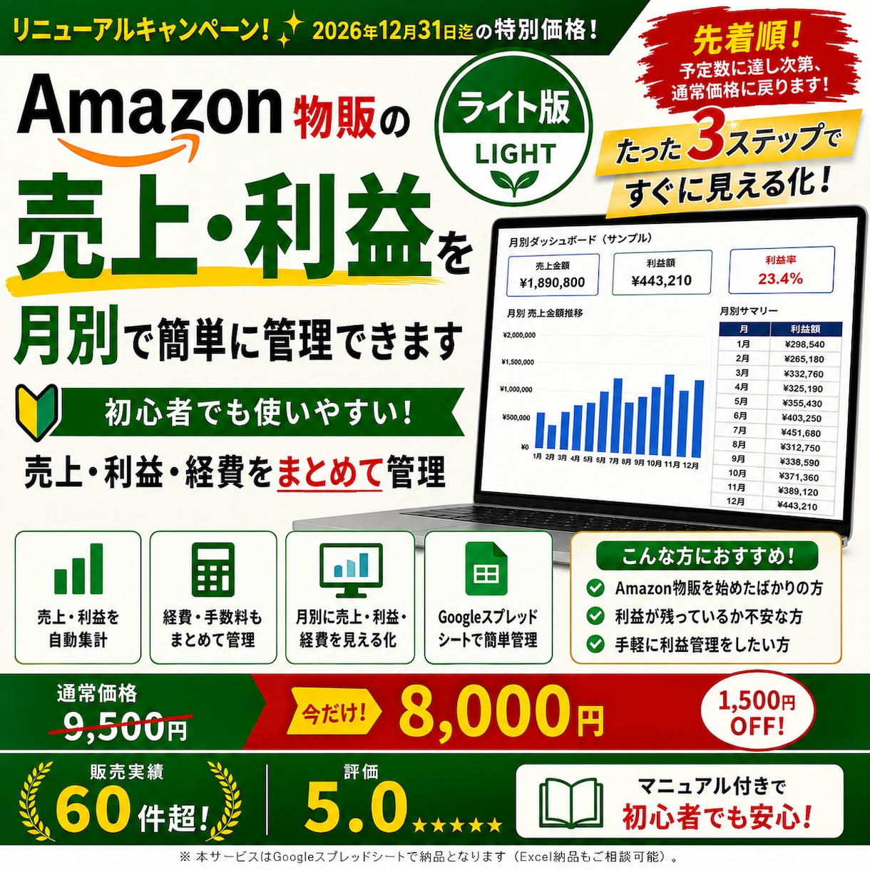 アマゾン物販の売上利益を月別で簡単に管理できます 初心者でも使いやすい！売上・利益・経費をまとめて管理 イメージ1