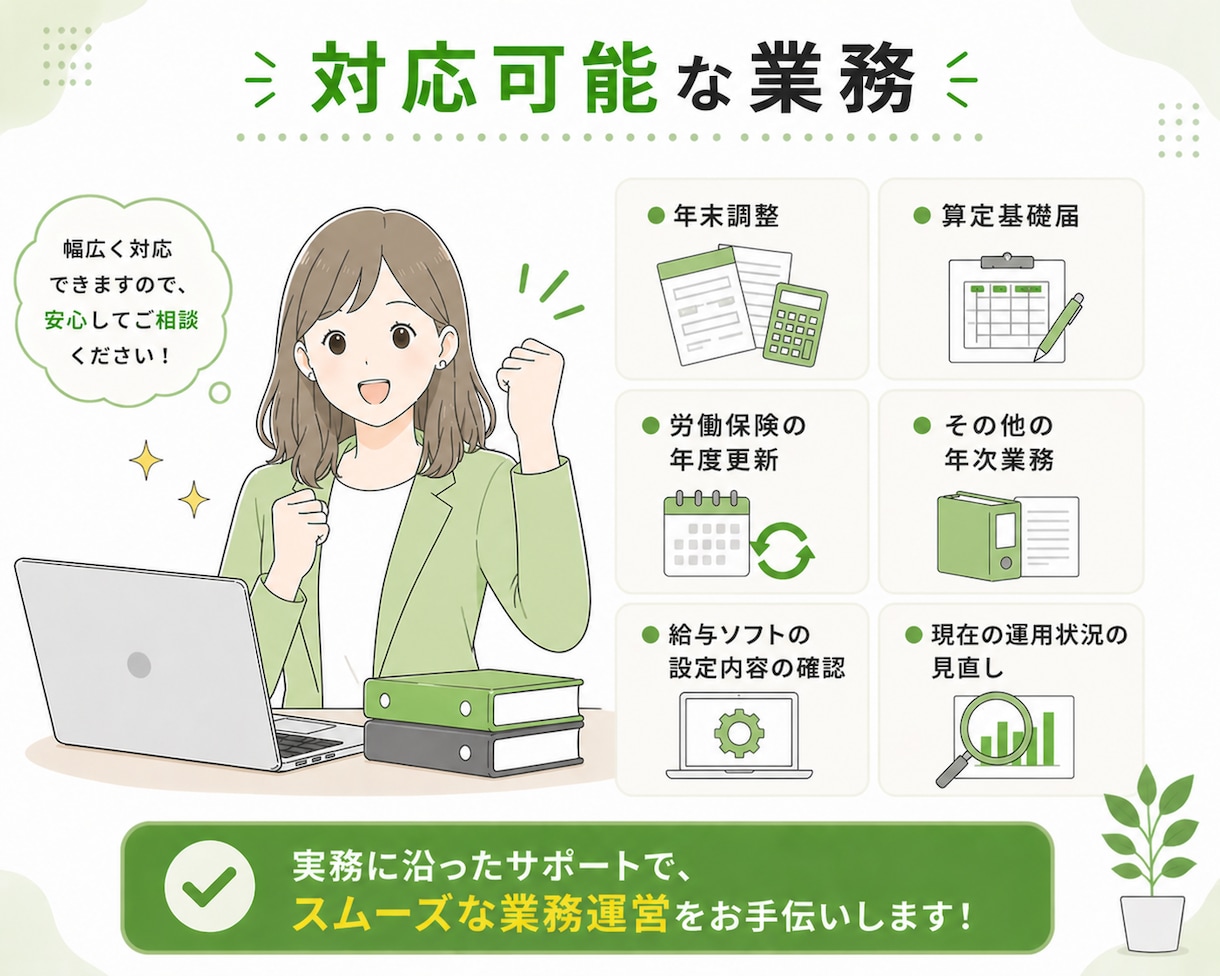 年末調整・算定基礎届の実務対応サポート承ります 手続きの流れや設定を実務ベースで整理し、安心して進められます イメージ6