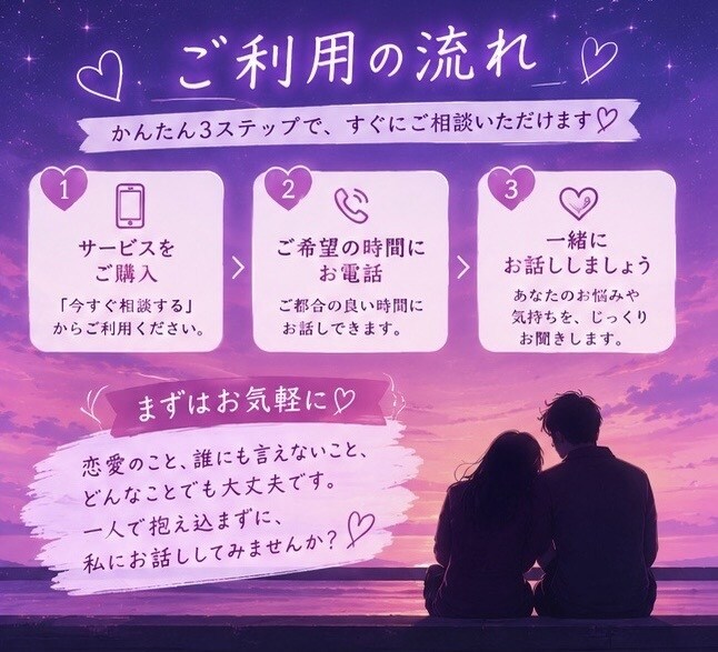 恋愛相談♡どんな悩みでも1分〜満足するまで聴きます その悩みを一緒に乗り越え、叶えましょう！ イメージ5