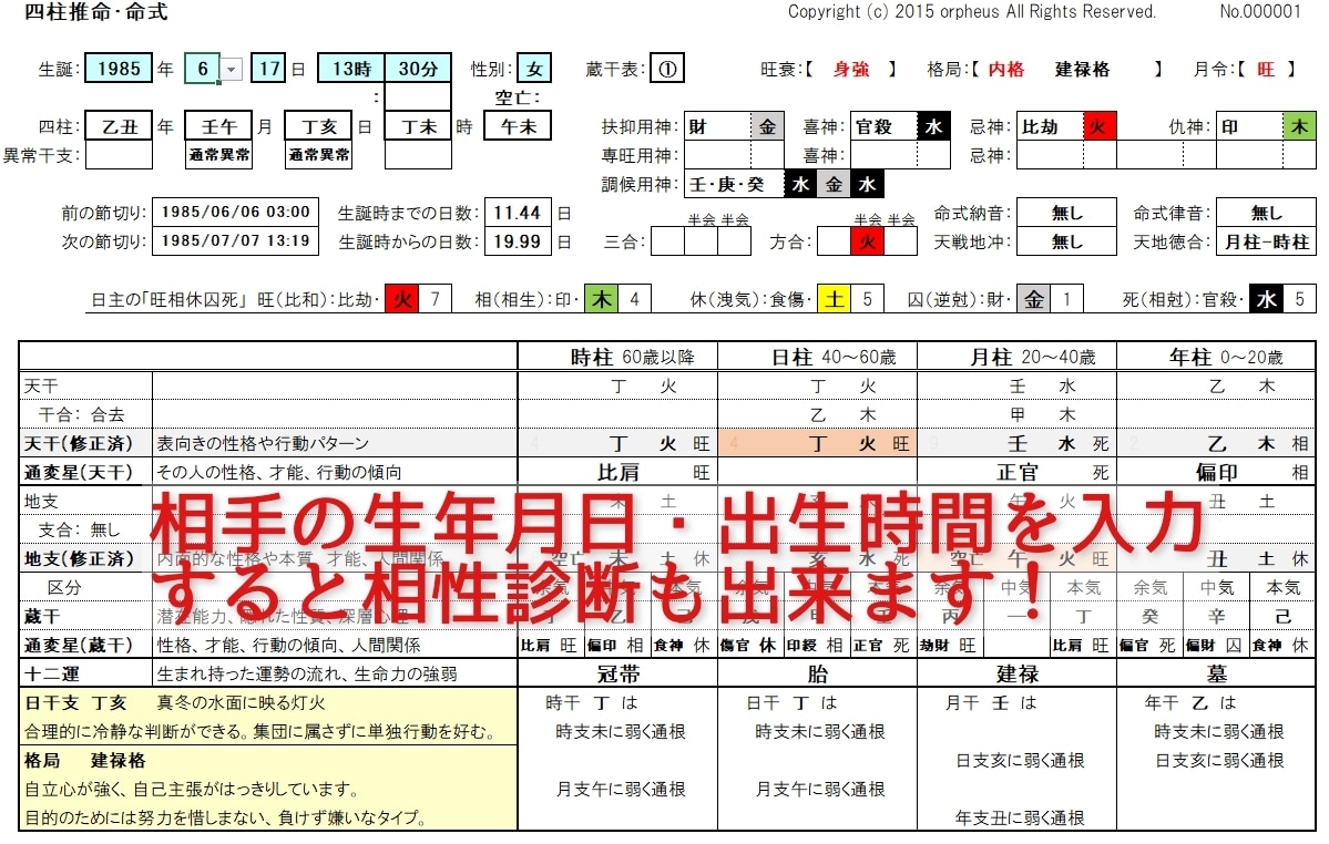 自動で命式作成！四柱推命Excelソフト販売します 蔵干、日干エネルギー・行運の判断要素等がカスタマイズ可能！ イメージ8