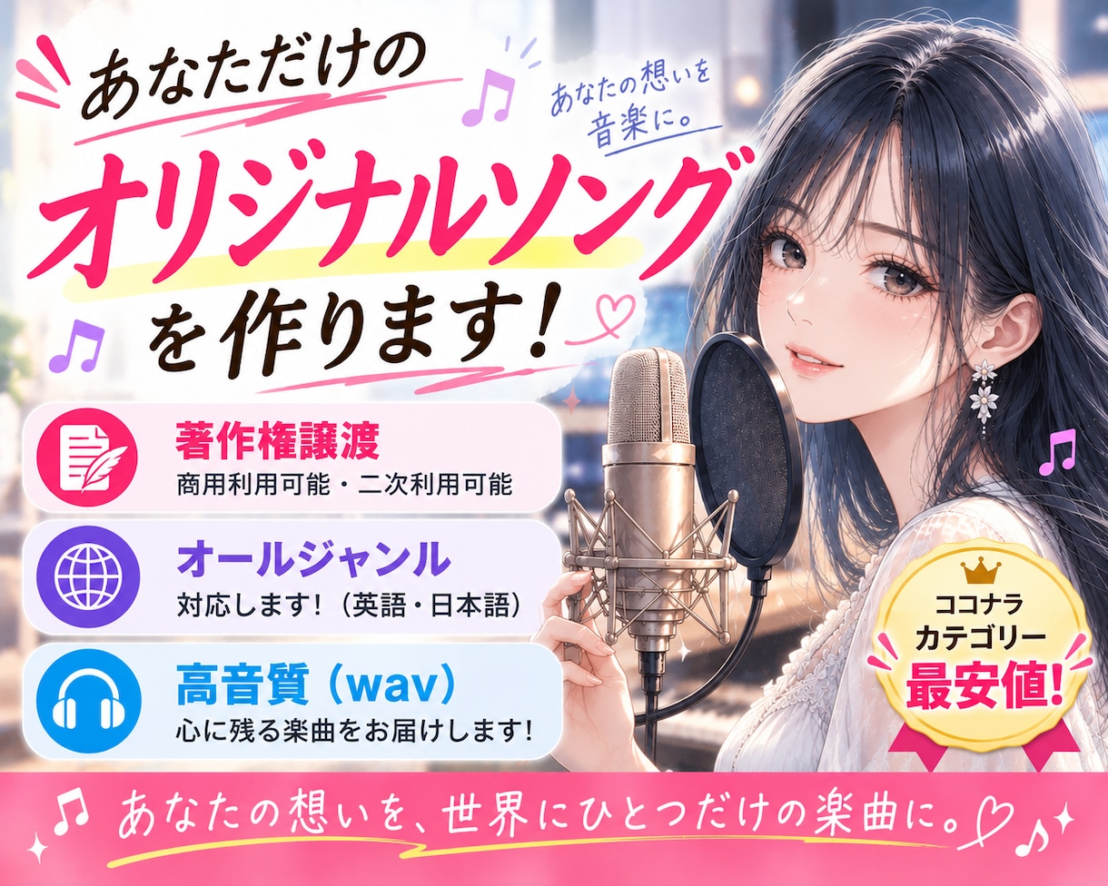 あなただけのオリジナルソングを作曲します 商用利用OK！著作権譲渡付き！作詞・作曲・歌入れまで全部込み イメージ1