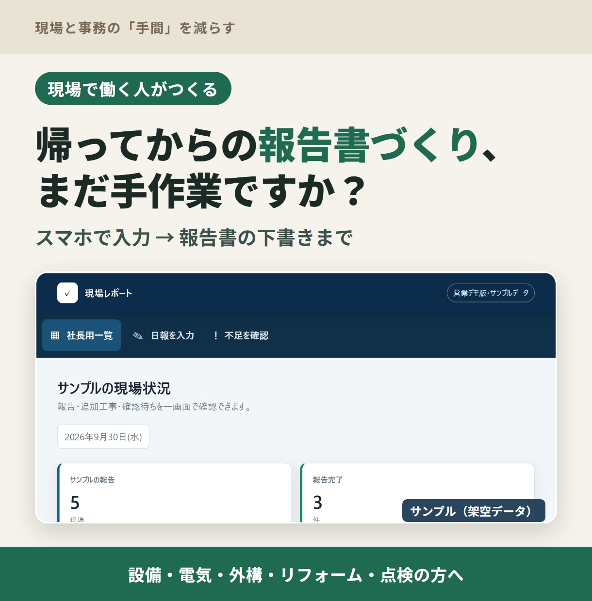 現場の報告書・日報づくりの手間を減らします 現場で働く人が作る、写真と入力で下書きまでできる仕組み イメージ1