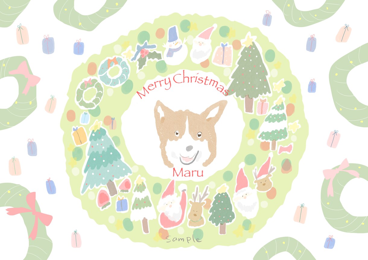 愛犬のクリスマスイラスト描きます クリスマスにぴったり♪クリスマスリースと愛犬のイラスト♪ イメージ3