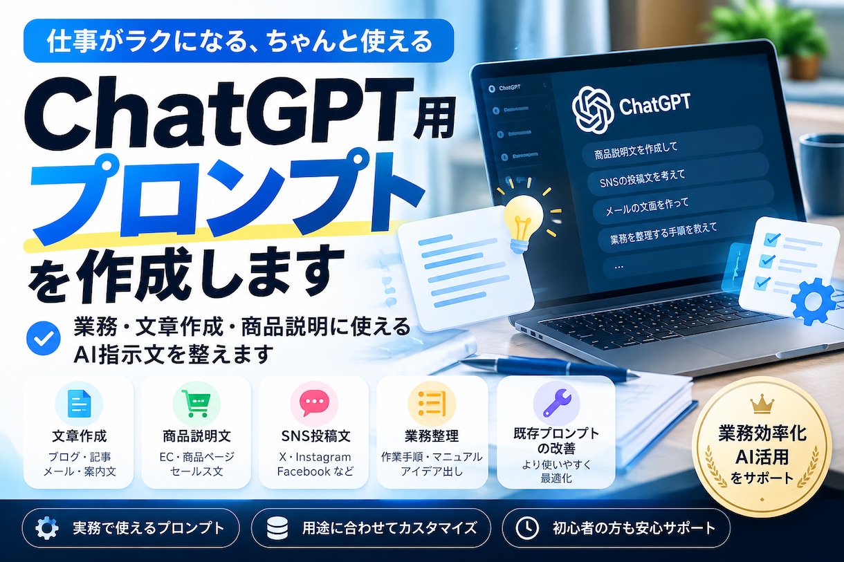 ChatGPT用プロンプトを作成します 業務・文章作成・商品説明に使えるAI指示文を整えます イメージ1