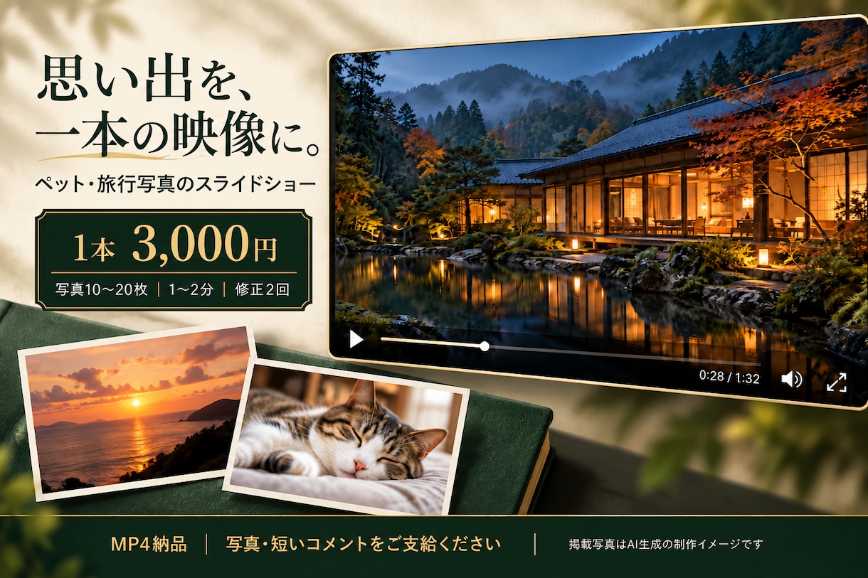 ペットや旅行写真をスライドショーにします 写真10〜20枚を、字幕付きの思い出動画にまとめます イメージ1